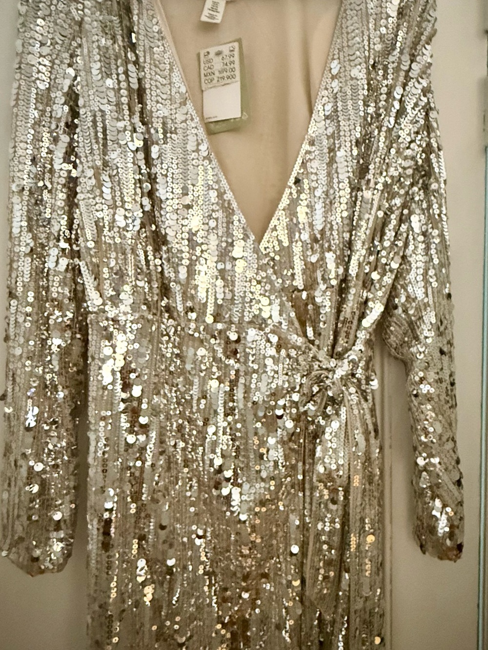 NWT H&M Sequin Wrap Dress in Champagne Gold